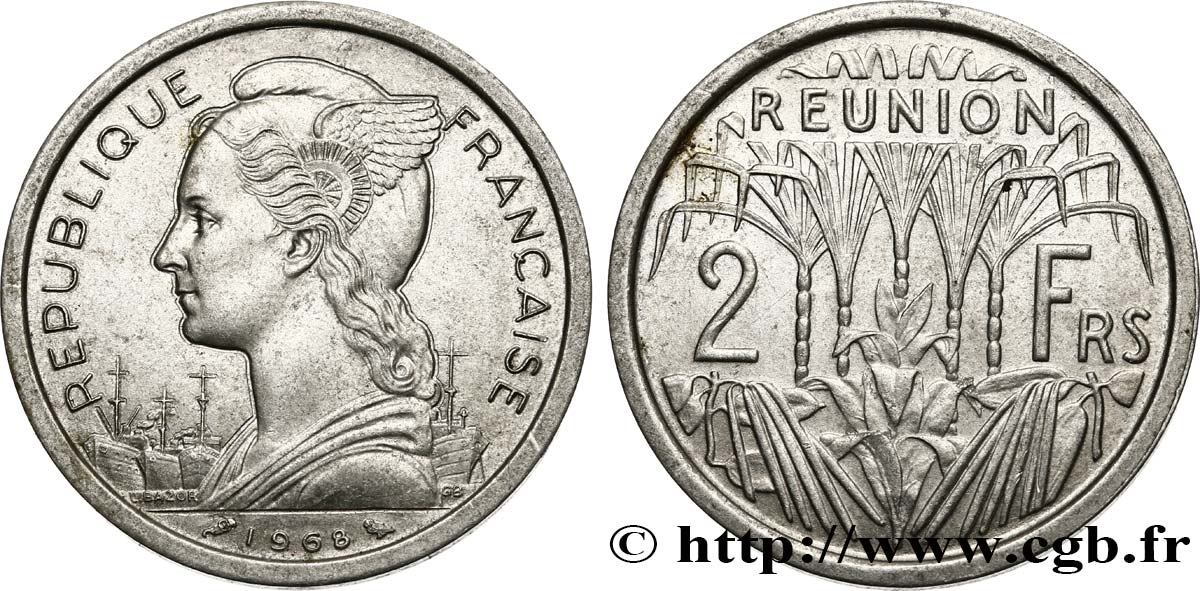 ISLA DE LA REUNIóN 2 Francs Marianne / canne à sucre 1968 Paris EBC 