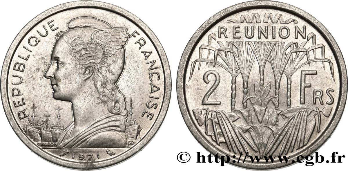 ISLA DE LA REUNIóN 2 Francs Marianne / canne à sucre 1971 Paris EBC 