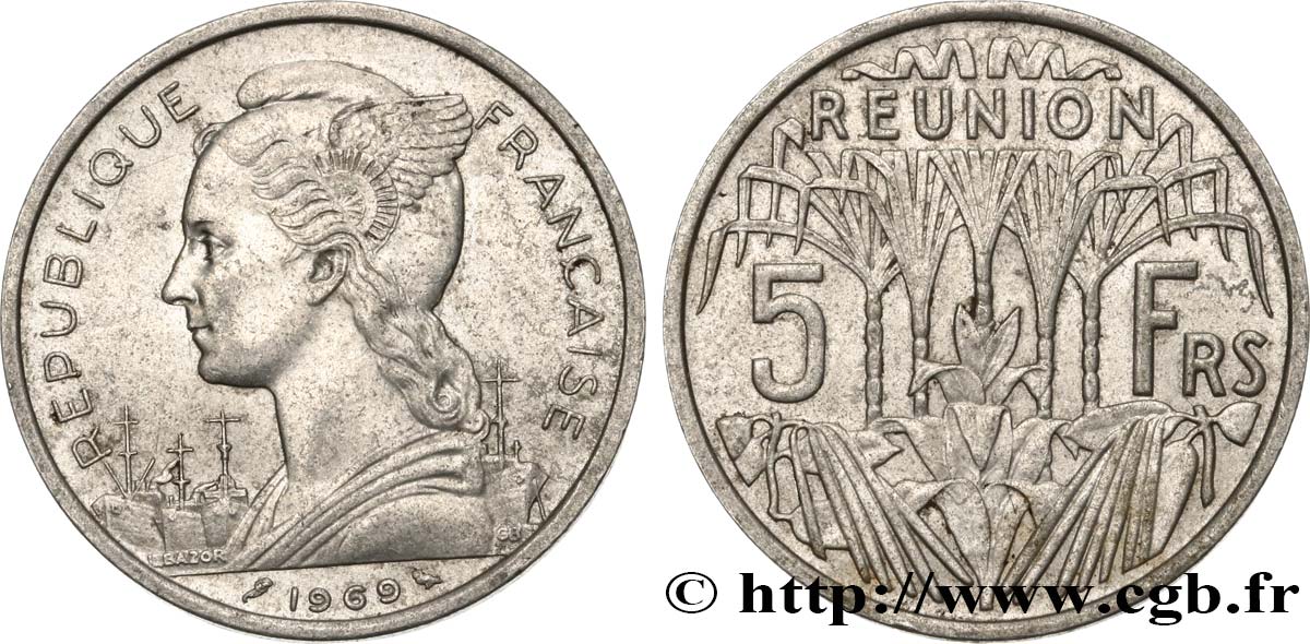 ÎLE DE LA RÉUNION 5 Francs Marianne / canne à sucre 1969 Paris TTB 