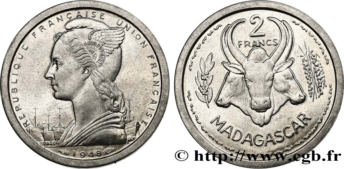 MADAGASCAR - UNION FRANCESE 2 Francs 1948 Paris MS 