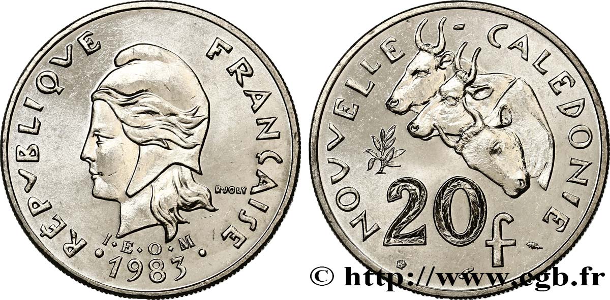 NEUKALEDONIEN 20 Francs I.E.O.M. Marianne / zébus d’élevage de Nouvelle Calédonie  1983 Paris VZ 