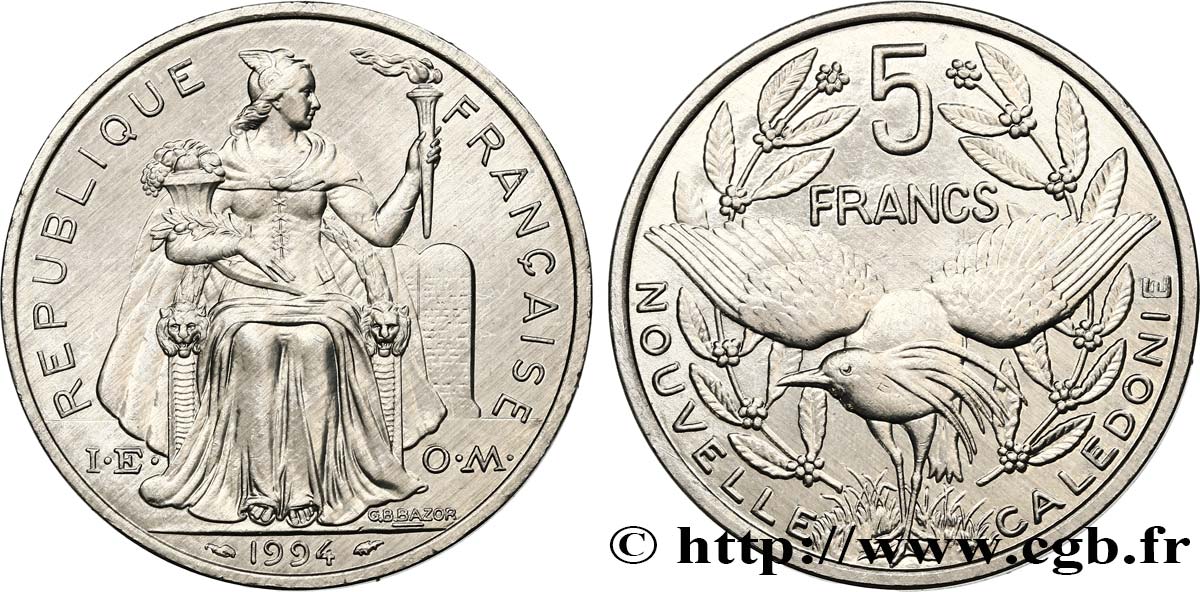 NEW CALEDONIA 5 Francs I.E.O.M. représentation allégorique de Minerve / Kagu, oiseau de Nouvelle-Calédonie 1994 Paris MS 