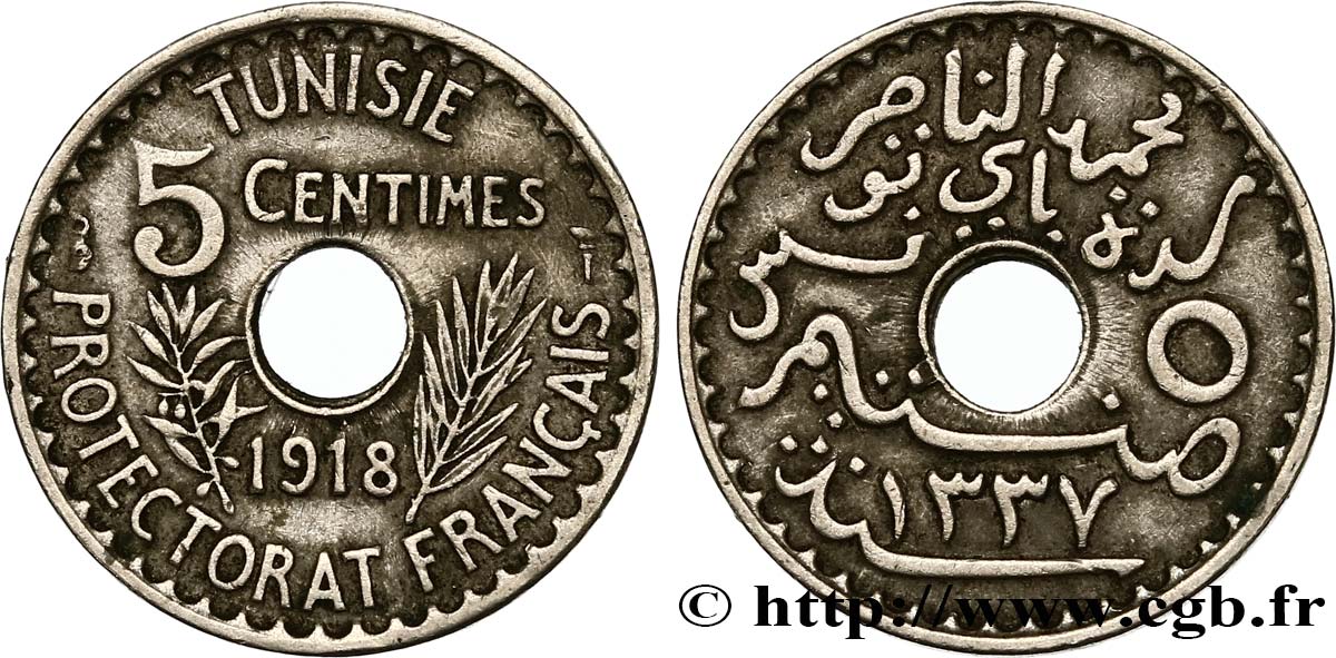 TUNESIEN - Französische Protektorate  5 Centimes AH 1337 1918 Paris fVZ 
