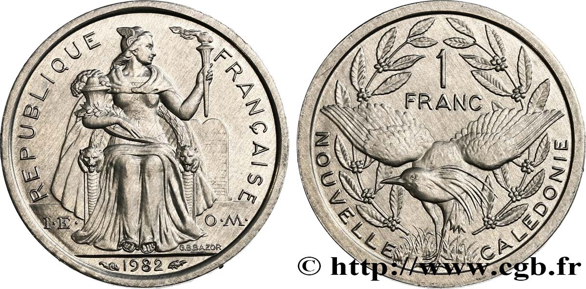 NEW CALEDONIA 1 Franc I.E.O.M. représentation allégorique de Minerve / Kagu, oiseau de Nouvelle-Calédonie 1982 Paris MS 