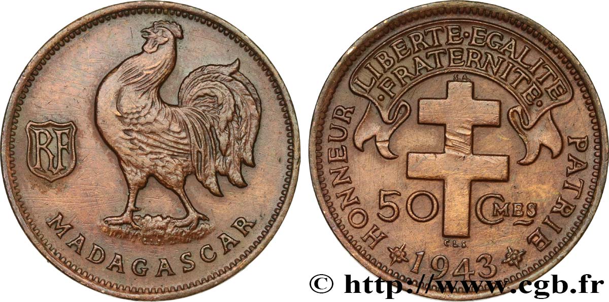 MADAGASKAR - Freie Französische Streitkräfte 50 Centimes 1943 Prétoria SS 