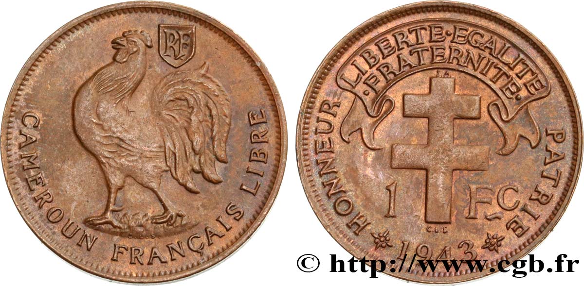CAMEROUN - TERRITOIRES SOUS MANDAT FRANÇAIS 1 Franc ‘Cameroun Français Libre’ 1943 Prétoria TTB+ 
