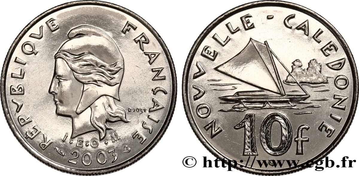 NEUKALEDONIEN 10 Francs I.E.O.M. Marianne / paysage maritime néo-calédonien avec pirogue à voile  2003 Paris fST 