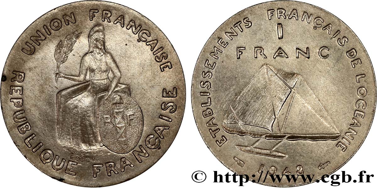 POLYNÉSIE FRANÇAISE - Océanie française 1 Franc ESSAI type sans listel 1948 Paris SPL 