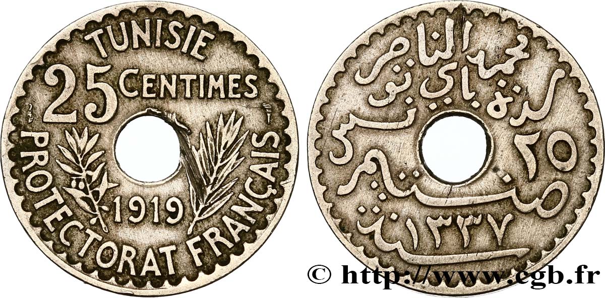 TUNISIA - French protectorate 25 Centimes AH1337 1919 Paris XF 