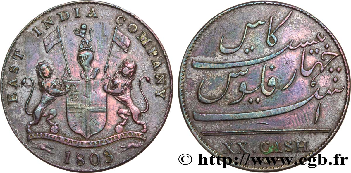ISLA DE FRANCIA (MAURICIO) XX (20) Cash East India Company 1803 Madras BC+ 