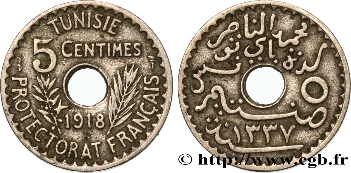 TUNESIEN - Französische Protektorate  5 Centimes AH 1337 1918 Paris fVZ 