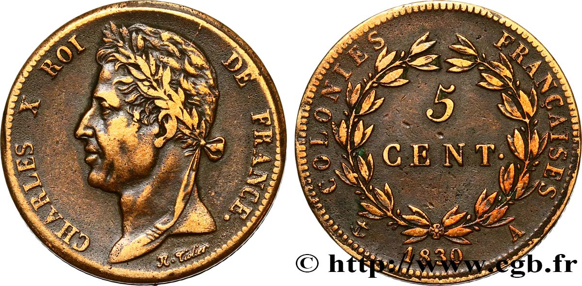 COLONIE FRANCESI - Carlo X, per Guyana 5 Centimes Charles X 1830 Paris - A q.BB 