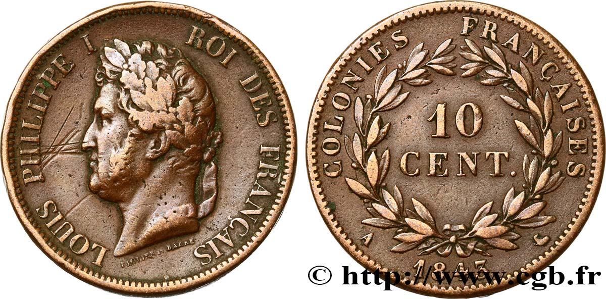 COLONIE FRANCESI - Luigi Filippo, per Isole Marchesi 10 Centimes 1843 Paris q.BB 