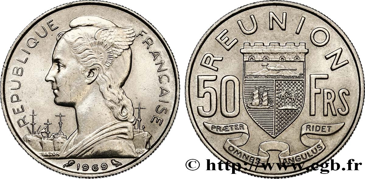 REUNION ISLAND 50 Francs / armes de Saint Denis de la Réunion 1969 Paris MS 