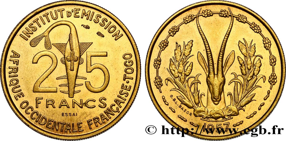 FRANZÖSISCHE WESTAFRIKA - TOGO Essai de 25 Francs 1957 Paris fST 