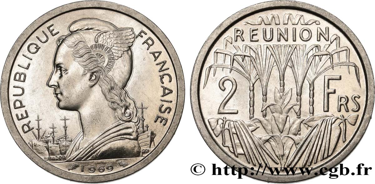 ÎLE DE LA RÉUNION 2 Francs 1969 Paris SPL 