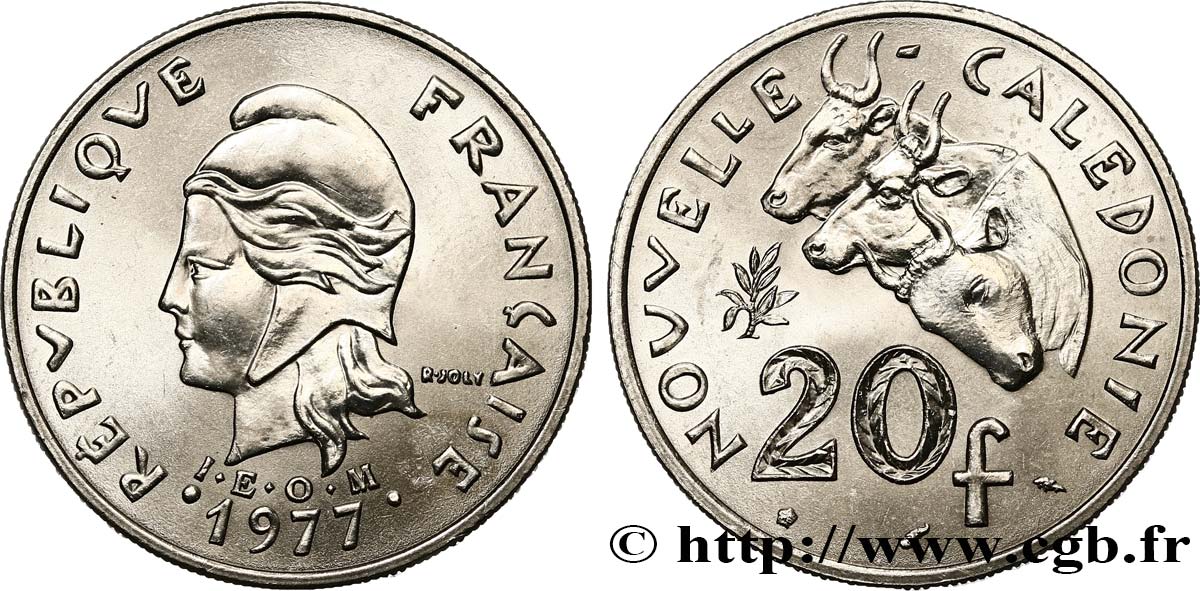 NEW CALEDONIA 20 Francs I.E.O.M. Marianne / zébus d’élevage de Nouvelle Calédonie  1977 Paris MS 