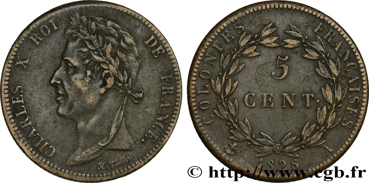 COLONIES FRANÇAISES - Charles X, pour la Guyane 5 Centimes Charles X 1828 Paris - A TTB 