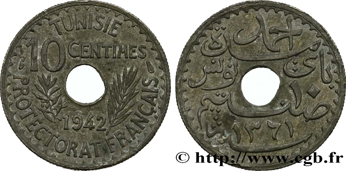 TUNISIE - PROTECTORAT FRANÇAIS 10 Centimes AH 1361 1942 Paris TTB+ 