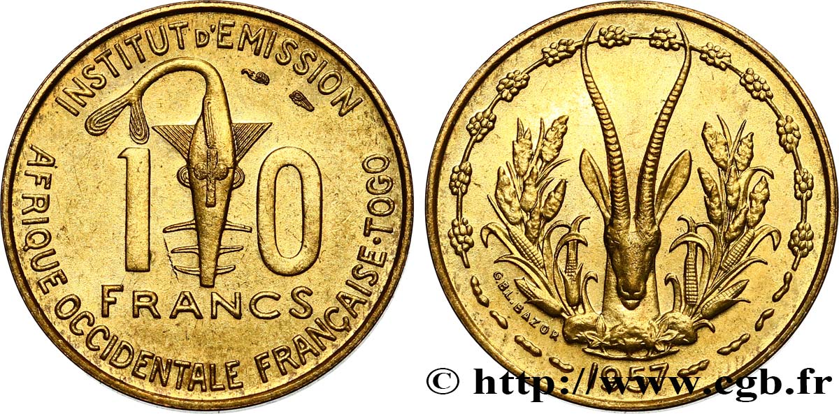 AFRICA OCCIDENTALE FRANCESE - TOGO 10 Francs masque / antilope 1957 Paris SPL 