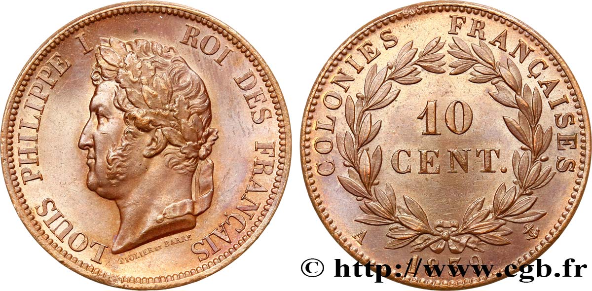 COLONIAS FRANCESAS - Louis-Philippe para Guadalupe 10 Centimes 1839 Paris SC 