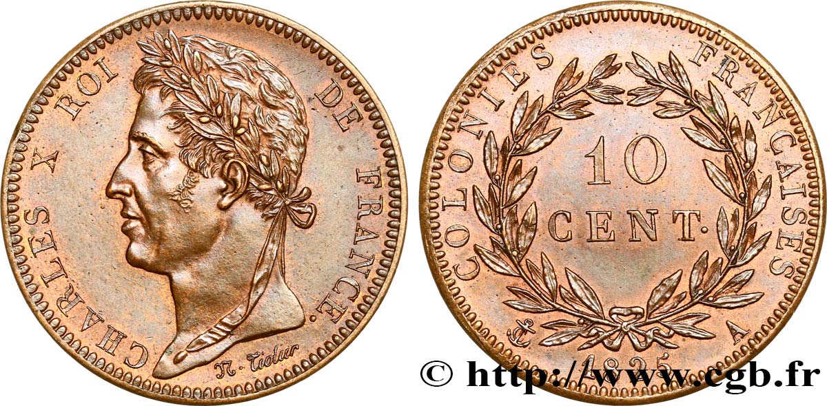 COLONIAS FRANCESAS - Charles X, para Guayana y Senegal 10 Centimes 1825 Paris SC 