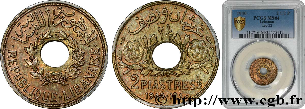 III REPUBLIC - LEBANON 2 1/2 Piastres 1940 Paris MS64 PCGS