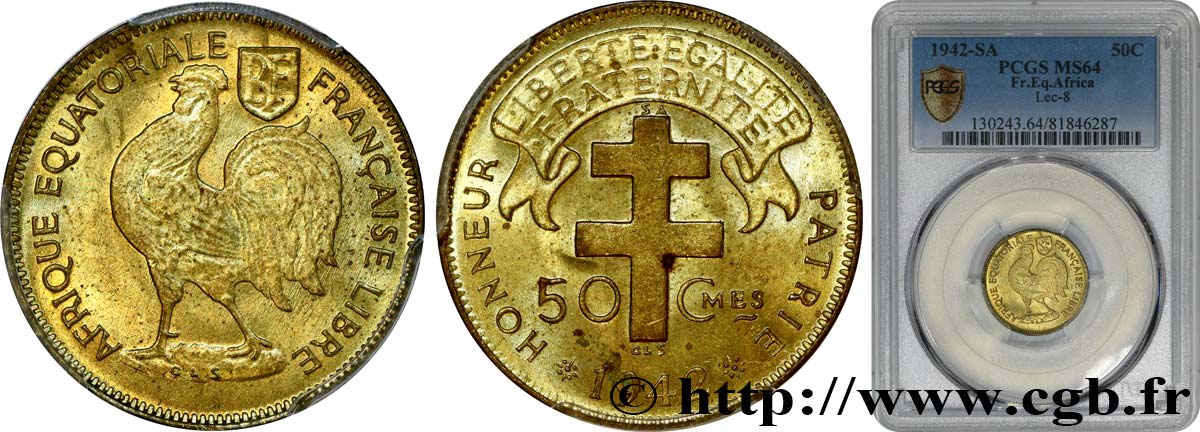 FRENCH EQUATORIAL AFRICA - FREE FRENCH FORCES 50 Centimes 1942 Prétoria MS64 PCGS