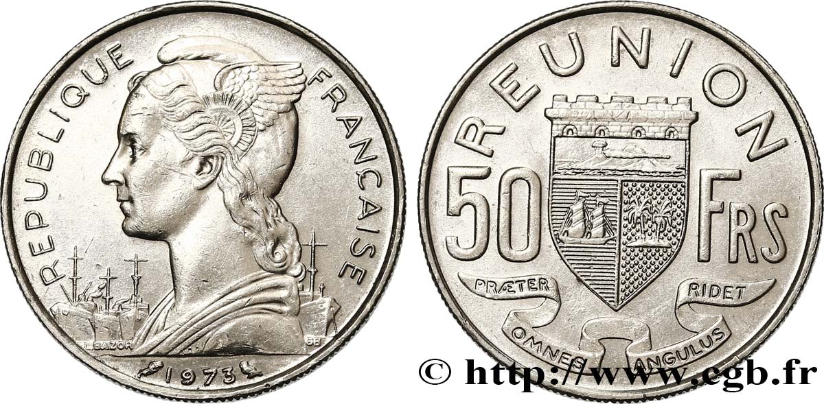 REUNION ISLAND 50 Francs / armes de Saint Denis de la Réunion 1973 Paris AU 