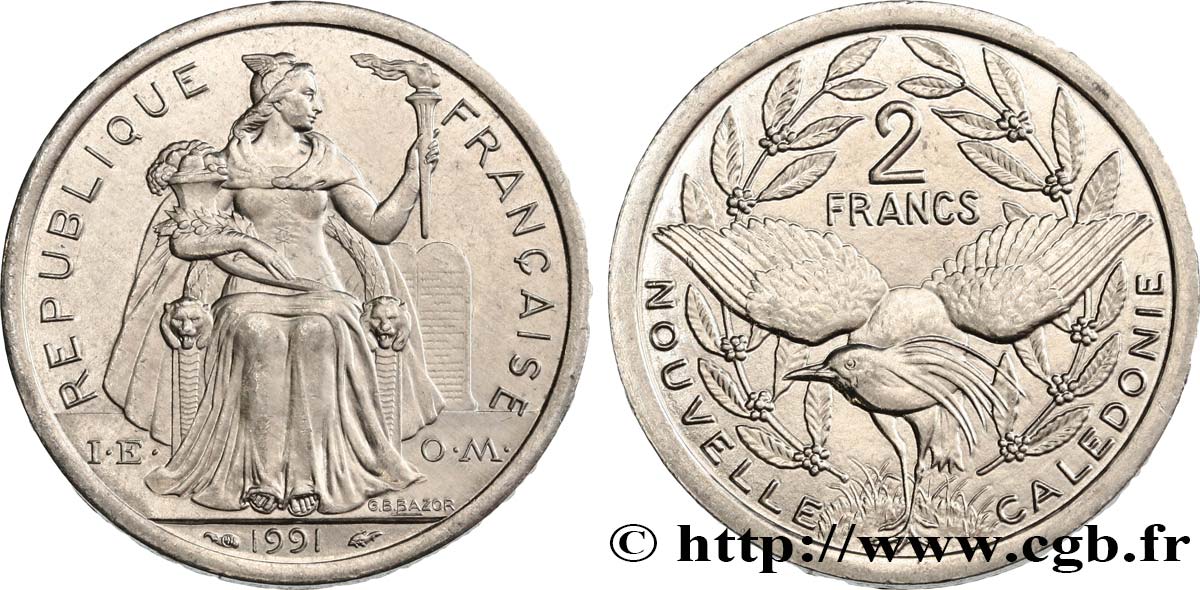 NEUKALEDONIEN 2 Francs I.E.O.M. représentation allégorique de Minerve / Kagu, oiseau de Nouvelle-Calédonie 1991 Paris fST 