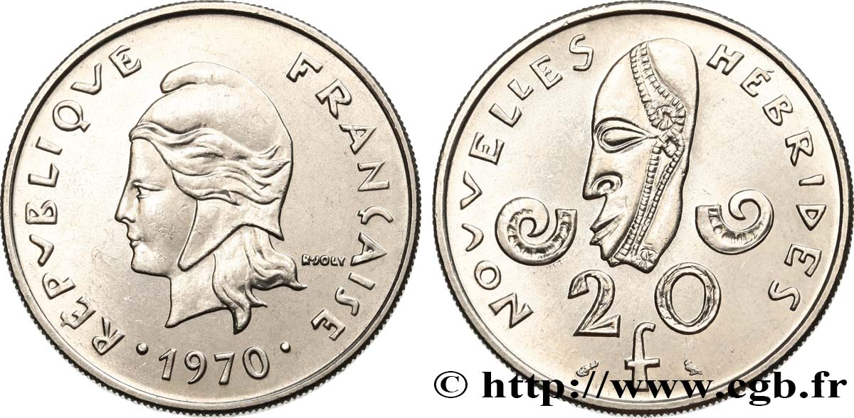 NOUVELLES HÉBRIDES (VANUATU depuis 1980) 20 Francs Marianne / masque 1970 Paris SUP 