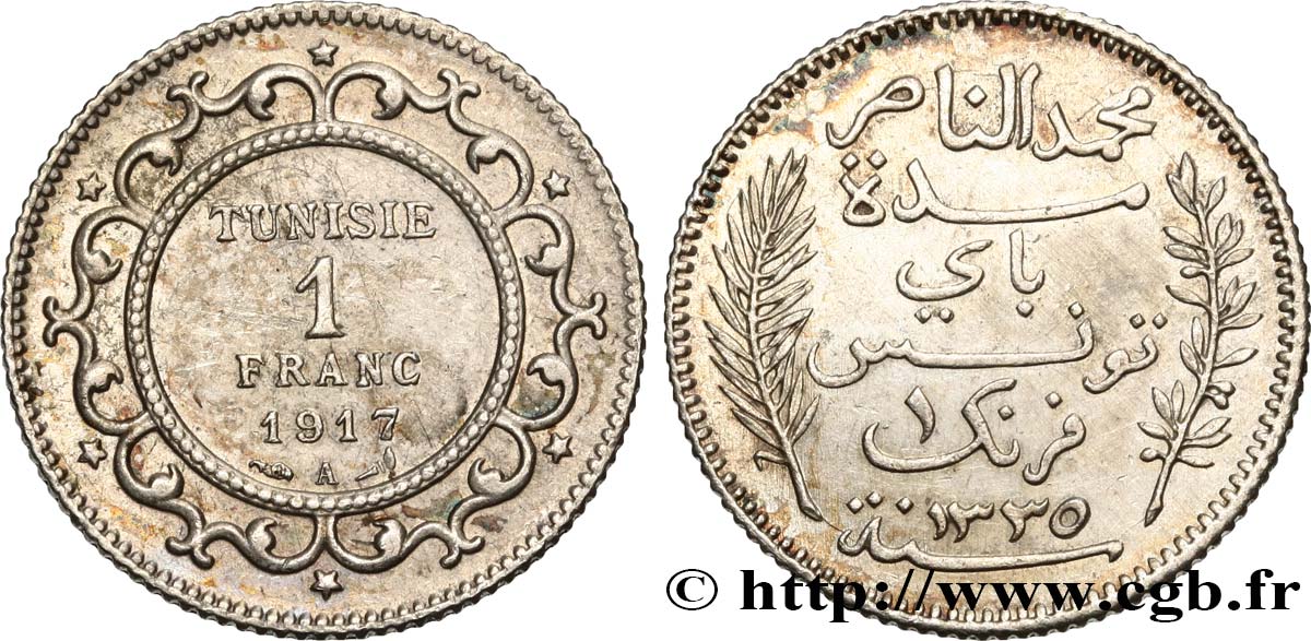 TUNISIA - French protectorate 1 Franc AH 1335 1917 Paris AU 