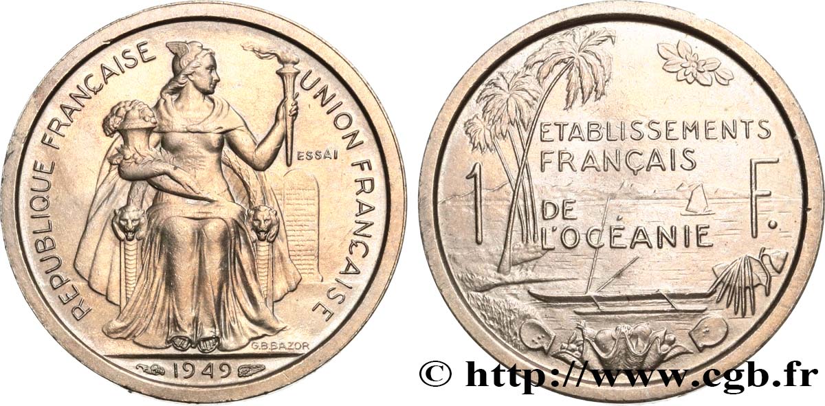 POLINESIA FRANCESE - Oceania Francese Essai de 1 Franc Établissements français de l’Océanie 1949 Paris MS 