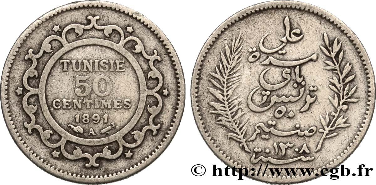 TUNESIEN - Französische Protektorate  50 Centimes AH 1308 1891 Paris SS 