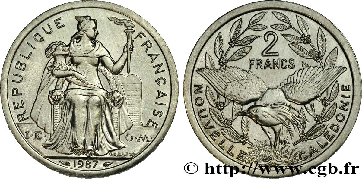NEUKALEDONIEN 2 Francs I.E.O.M. représentation allégorique de Minerve / Kagu, oiseau de Nouvelle-Calédonie 1987 Paris fST 