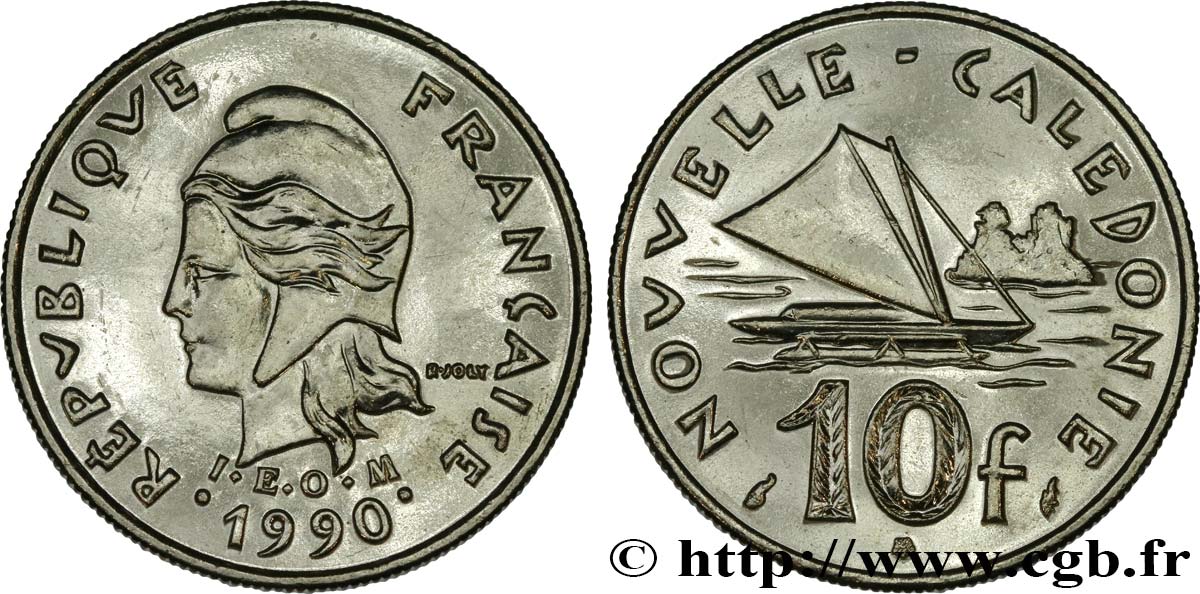 NOUVELLE CALÉDONIE 10 Francs I.E.O.M. Marianne / paysage maritime néo-calédonien avec pirogue à voile  1990 Paris SPL 