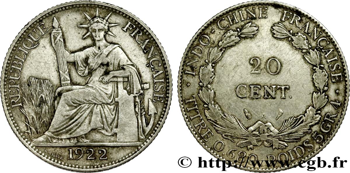FRENCH INDOCHINA 20 Centièmes 1922 Paris VF 