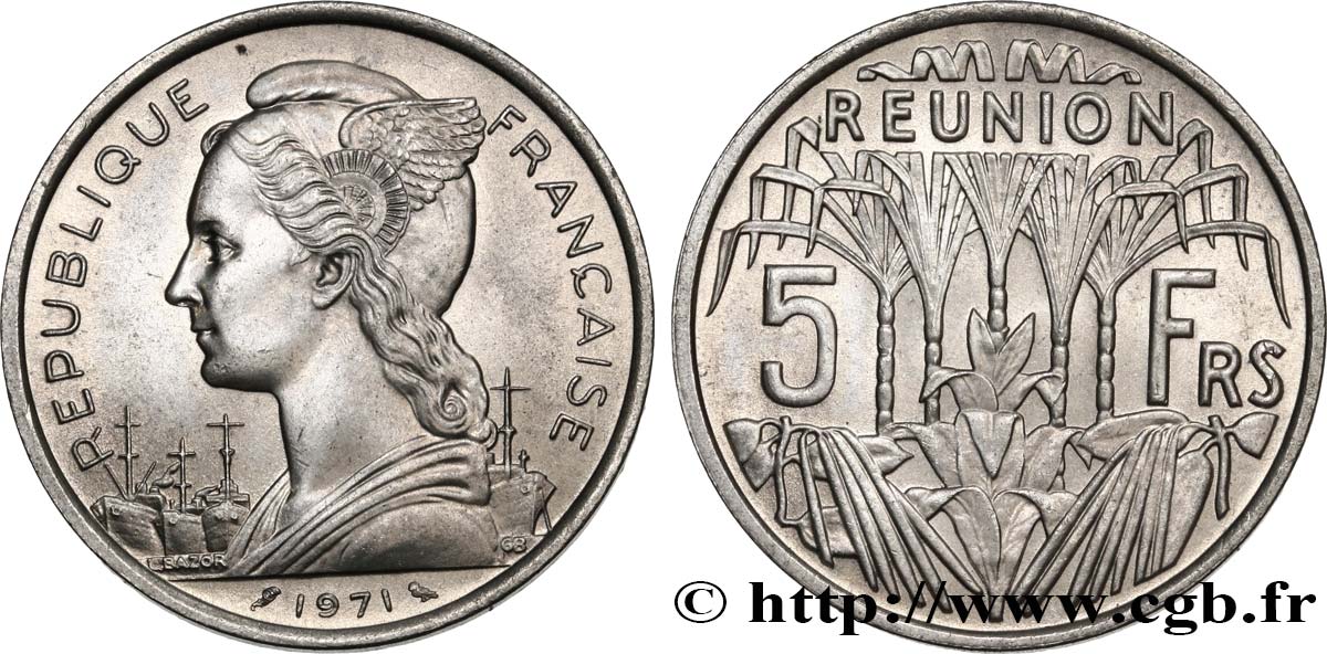 REUNION ISLAND 5 Francs Marianne / canne à sucre 1971 Paris AU 