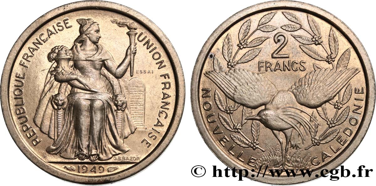 NUEVA CALEDONIA Essai de 2 Francs 1949 Paris SC 