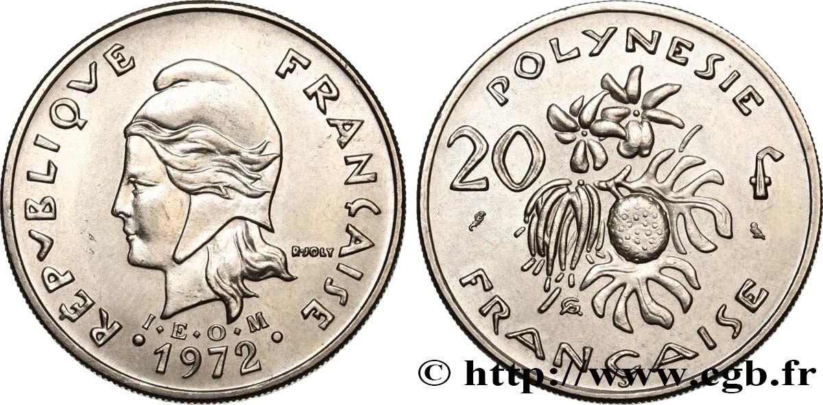 FRENCH POLYNESIA 20 Francs I.E.O.M Marianne  1972 Paris AU 