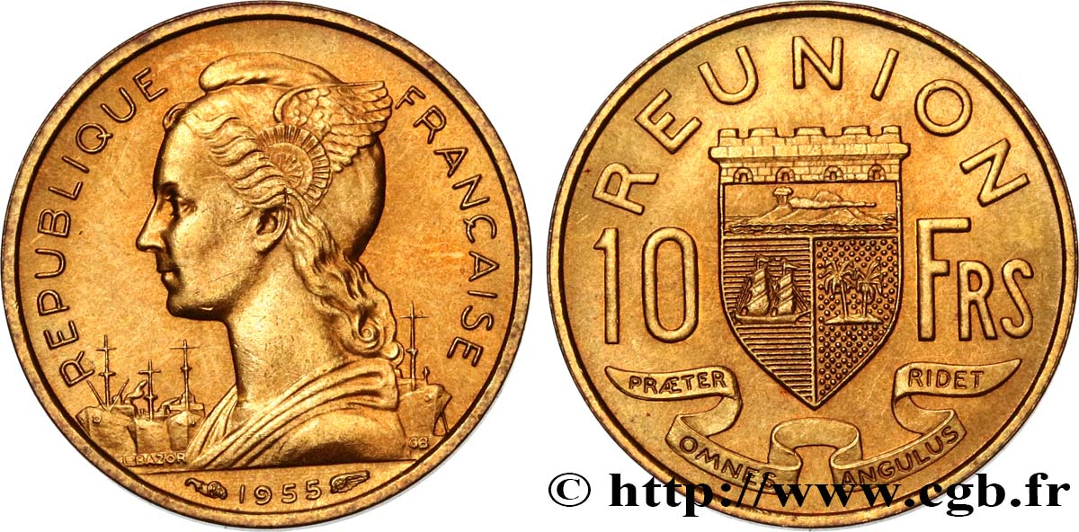 REUNION ISLAND 10 Francs 1955 Paris AU 