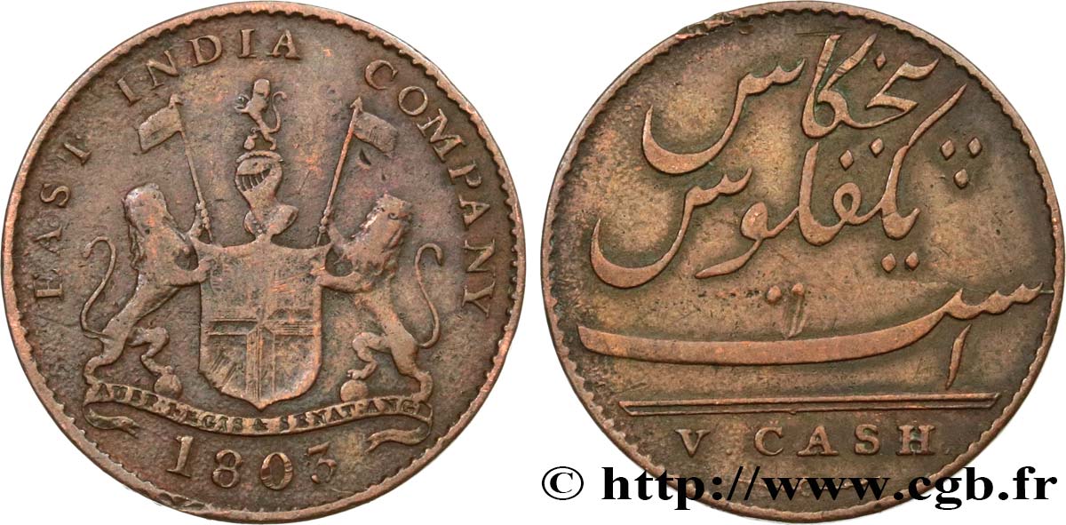 ISLE OF FRANCE (MAURITIUS) V (5) Cash East India Company 1803 Madras VF 