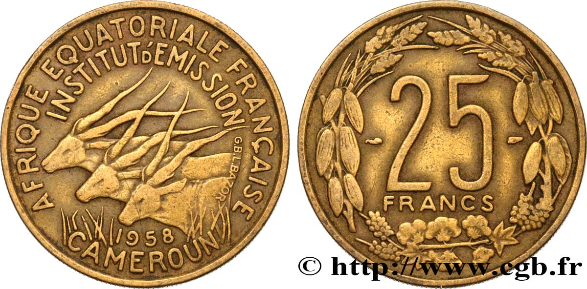 AFRICA ECUATORIAL FRANCESA - CAMERUN 25 Francs antilopes 1958 Paris MBC 