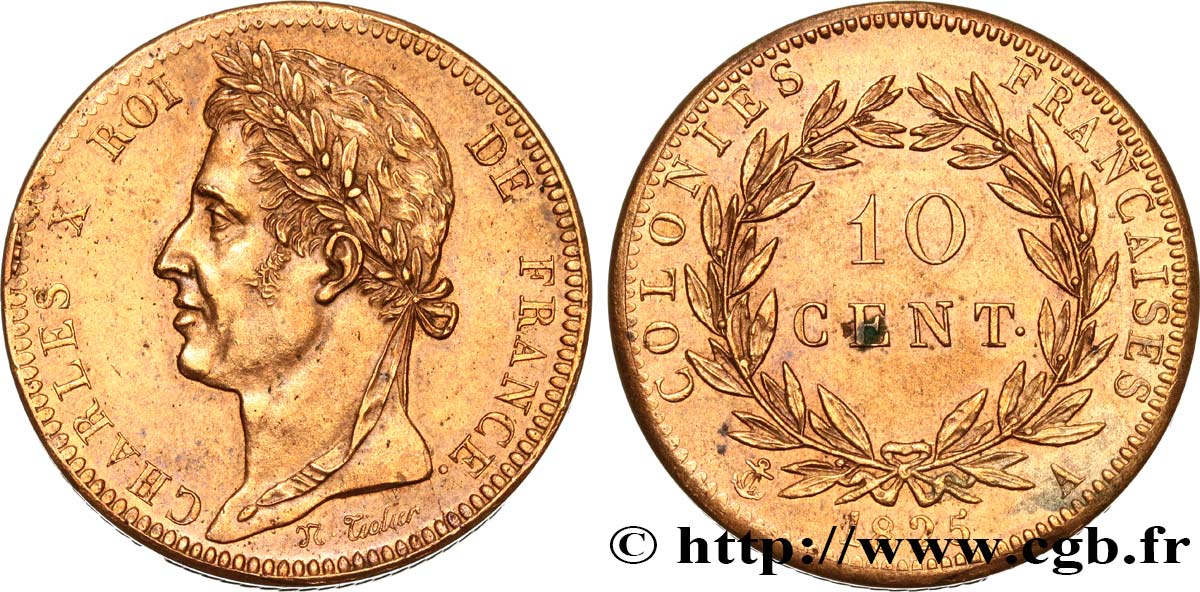 FRANZÖSISCHE KOLONIEN - Charles X, für Guayana und Senegal 10 Centimes Charles X 1825 Paris VZ+ 