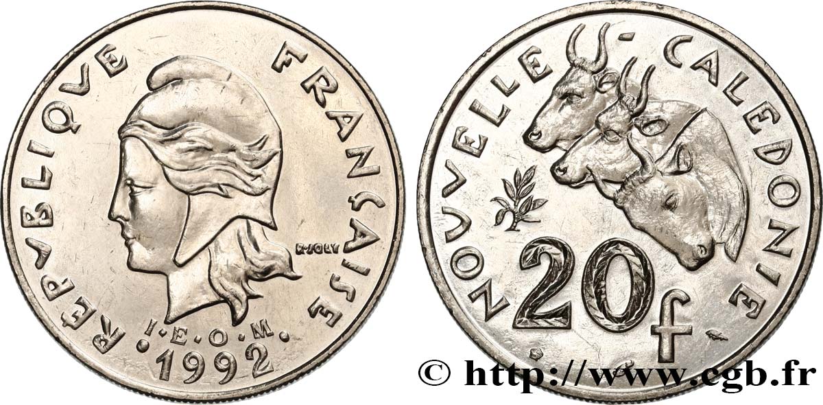 NUEVA CALEDONIA 20 Francs I.E.O.M. Marianne / zébus d’élevage de Nouvelle Calédonie  1992 Paris SC 
