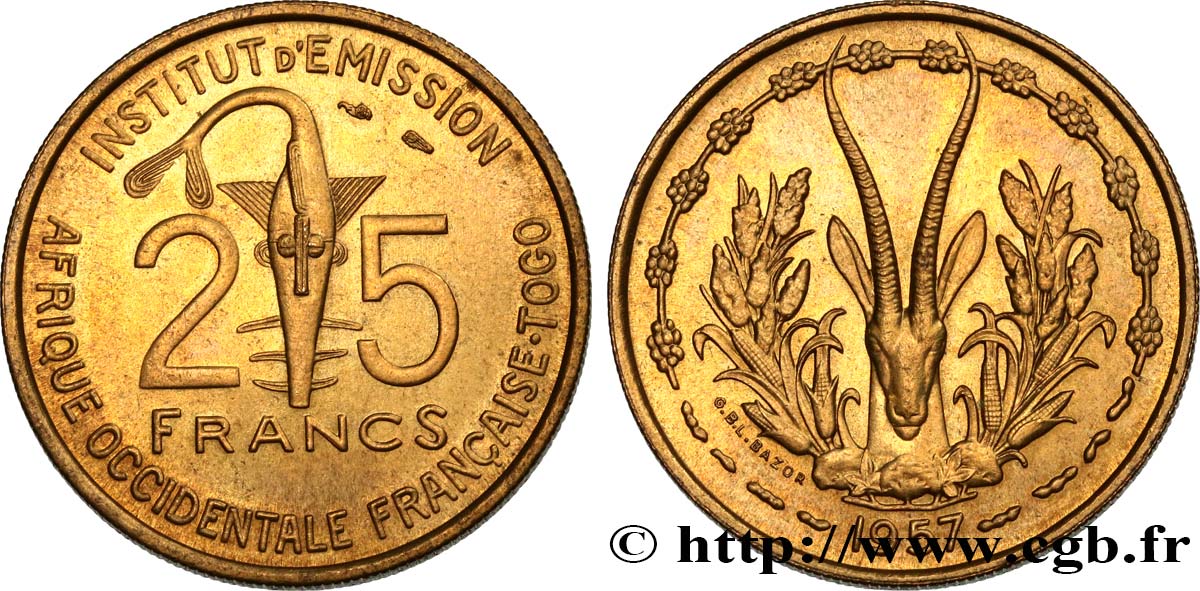 FRENCH WEST AFRICA - TOGO 25 Francs 1957 Paris MS 