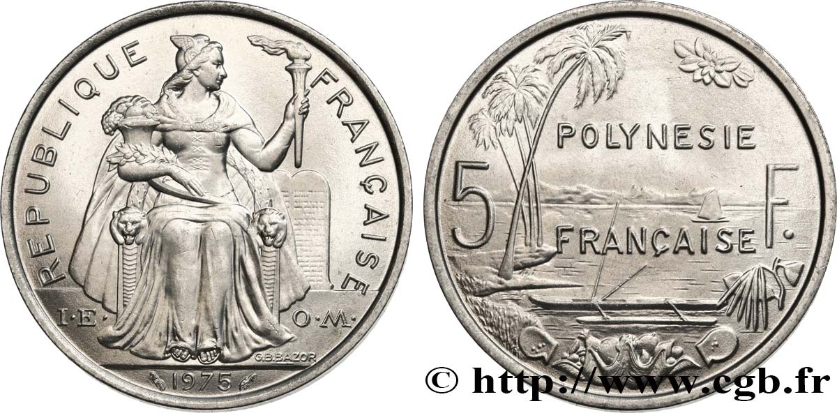 FRENCH POLYNESIA 5 Francs I.E.O.M. Polynésie Française 1975 Paris MS 