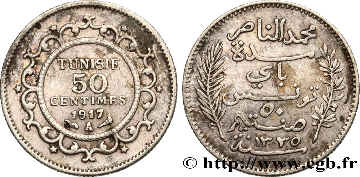 TUNISIA - FRENCH PROTECTORATE 50 Centimes AH1335 1917 Paris XF 
