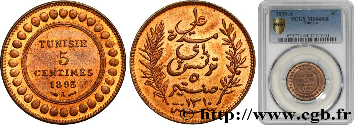 TUNESIEN - Französische Protektorate  5 Centimes AH1310 1893 Paris fST64 PCGS