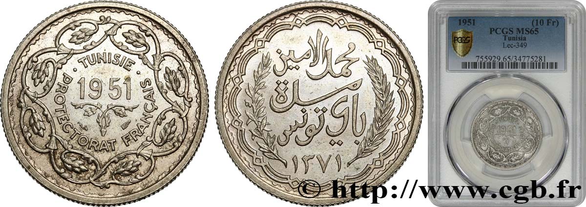TUNISIA - Protettorato Francese 10 Francs (module de) 1951 Paris FDC65 PCGS